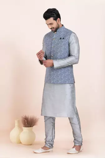 Woven Kurta Pyjama Waistcoat Set For Mens