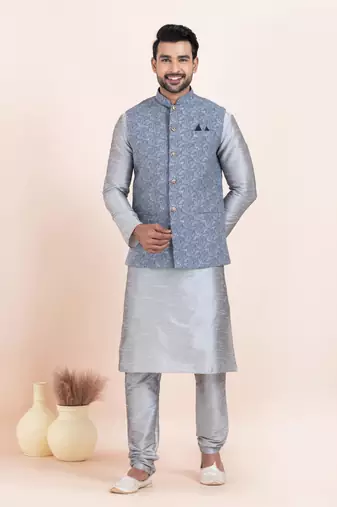 Woven Kurta Pyjama Waistcoat Set For Mens