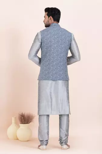 Woven Kurta Pyjama Waistcoat Set For Mens