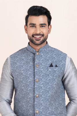 Woven Kurta Pyjama Waistcoat Set For Mens 5