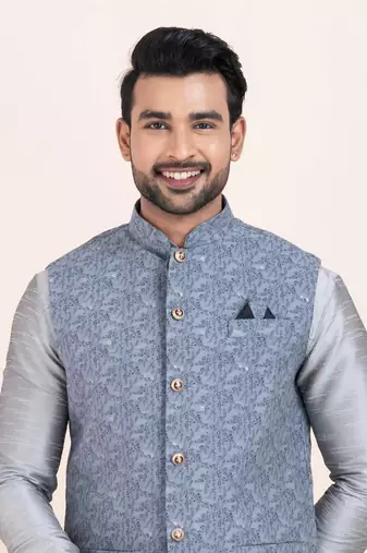 Woven Kurta Pyjama Waistcoat Set For Mens