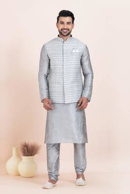 Woven Kurta Pyjama Waistcoat Set For Mens 1