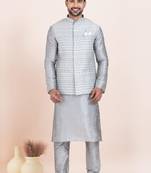 Woven Kurta Pyjama Waistcoat Set For Mens