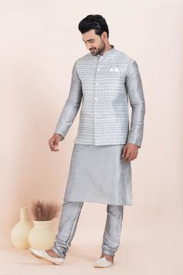 Woven Kurta Pyjama Waistcoat Set For Mens 2