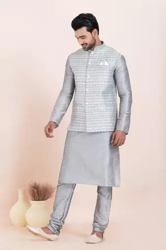 Woven Kurta Pyjama Waistcoat Set For Mens