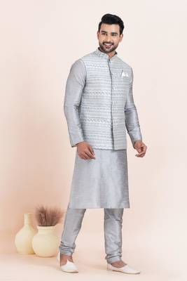 Woven Kurta Pyjama Waistcoat Set For Mens 3
