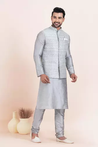 Woven Kurta Pyjama Waistcoat Set For Mens