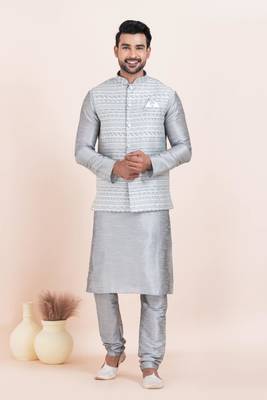 Woven Kurta Pyjama Waistcoat Set For Mens 4