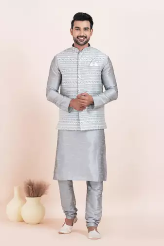 Woven Kurta Pyjama Waistcoat Set For Mens