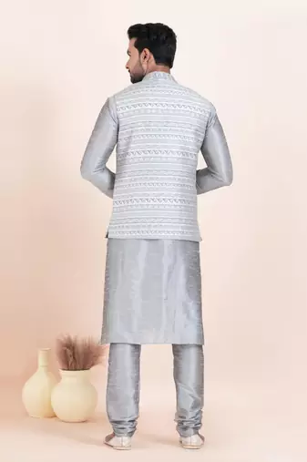 Woven Kurta Pyjama Waistcoat Set For Mens