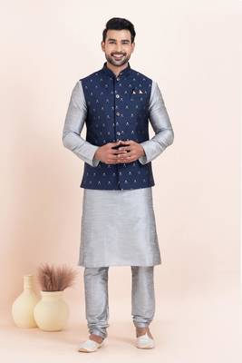 Woven Kurta Pyjama Waistcoat Set For Mens 1
