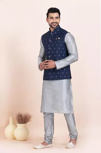 Woven Kurta Pyjama Waistcoat Set For Mens