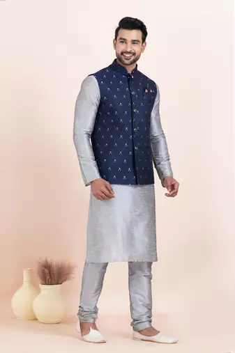 Woven Kurta Pyjama Waistcoat Set For Mens
