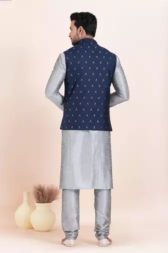 Woven Kurta Pyjama Waistcoat Set For Mens