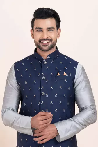 Woven Kurta Pyjama Waistcoat Set For Mens