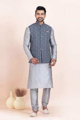 Woven Kurta Pyjama Waistcoat Set For Mens 1
