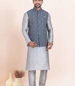 Woven Kurta Pyjama Waistcoat Set For Mens