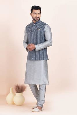 Woven Kurta Pyjama Waistcoat Set For Mens 2