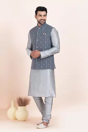 Woven Kurta Pyjama Waistcoat Set For Mens