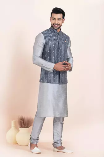 Woven Kurta Pyjama Waistcoat Set For Mens