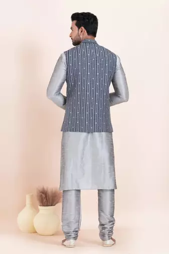 Woven Kurta Pyjama Waistcoat Set For Mens