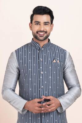 Woven Kurta Pyjama Waistcoat Set For Mens 5