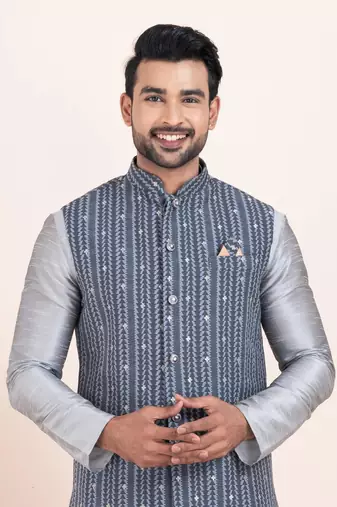 Woven Kurta Pyjama Waistcoat Set For Mens