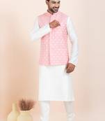 Woven Kurta Pyjama Waistcoat Set For Mens