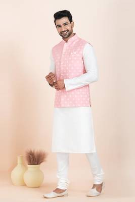 Woven Kurta Pyjama Waistcoat Set For Mens 2