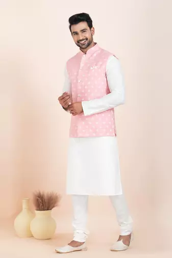 Woven Kurta Pyjama Waistcoat Set For Mens
