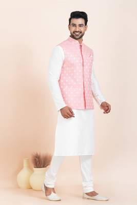 Woven Kurta Pyjama Waistcoat Set For Mens 3