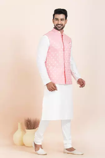 Woven Kurta Pyjama Waistcoat Set For Mens