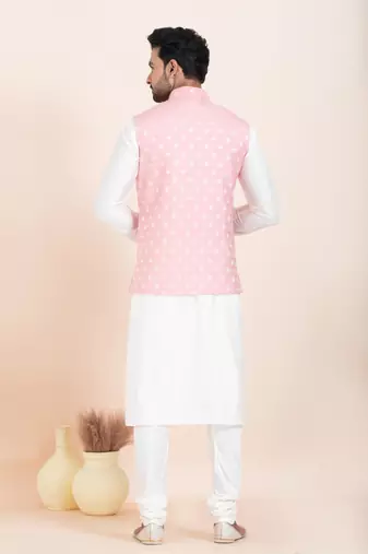 Woven Kurta Pyjama Waistcoat Set For Mens