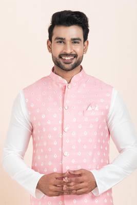 Woven Kurta Pyjama Waistcoat Set For Mens 5