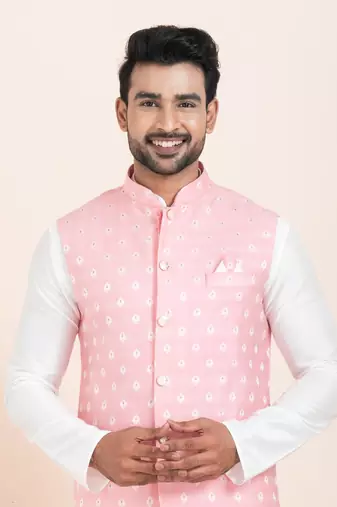 Woven Kurta Pyjama Waistcoat Set For Mens