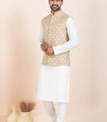 Woven Kurta Pyjama Waistcoat Set For Mens