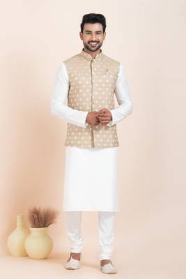 Woven Kurta Pyjama Waistcoat Set For Mens 2
