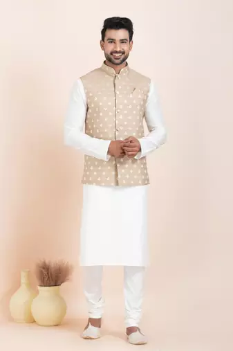 Woven Kurta Pyjama Waistcoat Set For Mens