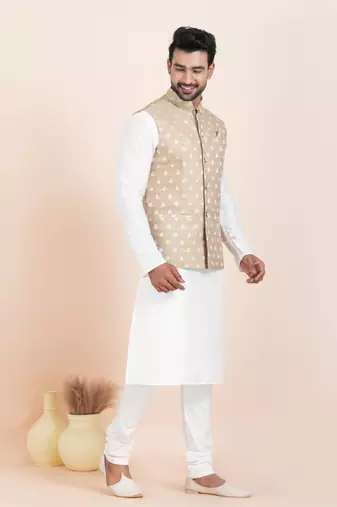 Woven Kurta Pyjama Waistcoat Set For Mens