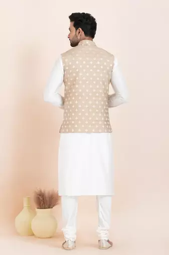 Woven Kurta Pyjama Waistcoat Set For Mens