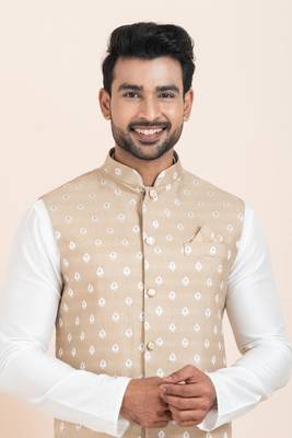 Woven Kurta Pyjama Waistcoat Set For Mens 5