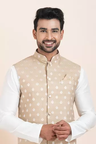 Woven Kurta Pyjama Waistcoat Set For Mens