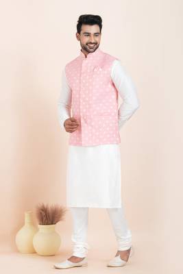 Woven Kurta Pyjama Waistcoat Set For Mens 1