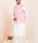 Woven Kurta Pyjama Waistcoat Set For Mens