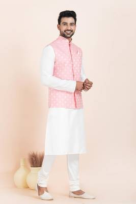 Woven Kurta Pyjama Waistcoat Set For Mens 2