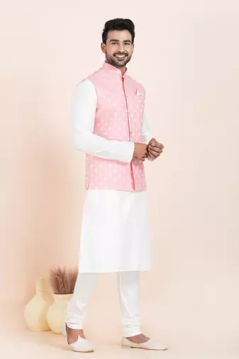 Woven Kurta Pyjama Waistcoat Set For Mens