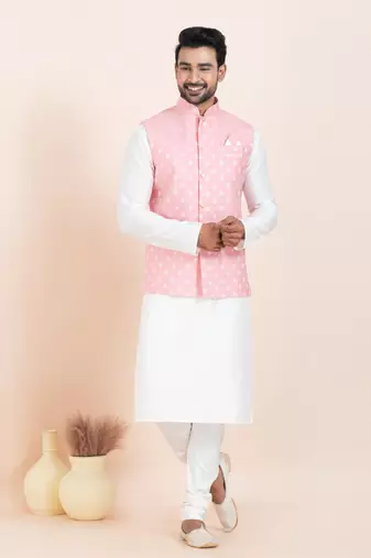Woven Kurta Pyjama Waistcoat Set For Mens