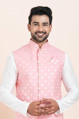 Woven Kurta Pyjama Waistcoat Set For Mens 4