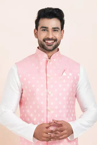 Woven Kurta Pyjama Waistcoat Set For Mens