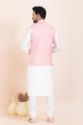 Woven Kurta Pyjama Waistcoat Set For Mens 5